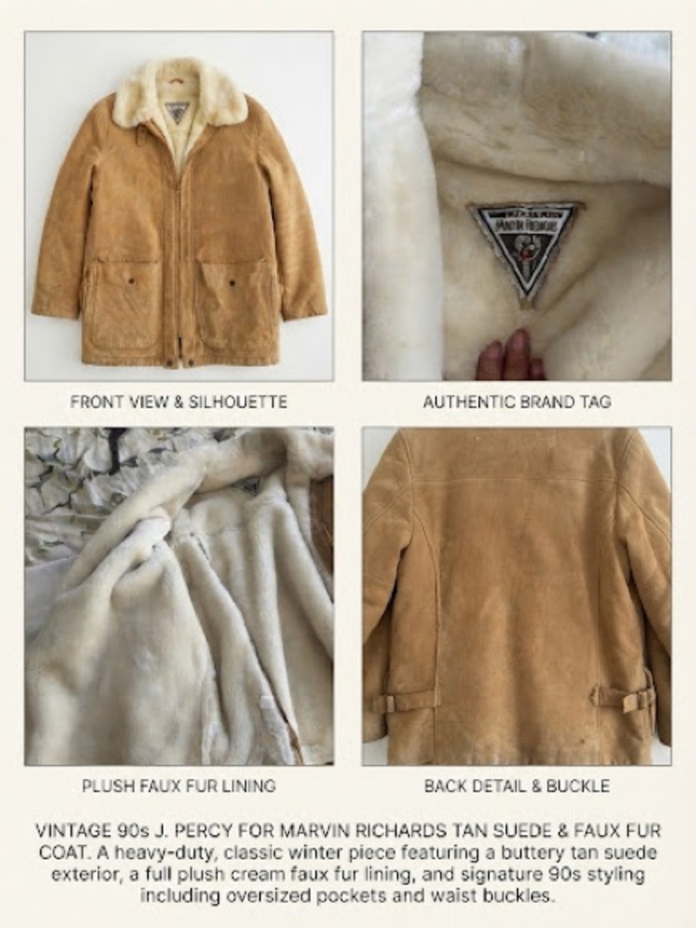 Marvin Richards Tan Suede Pea Coat with Cream Faux Fur